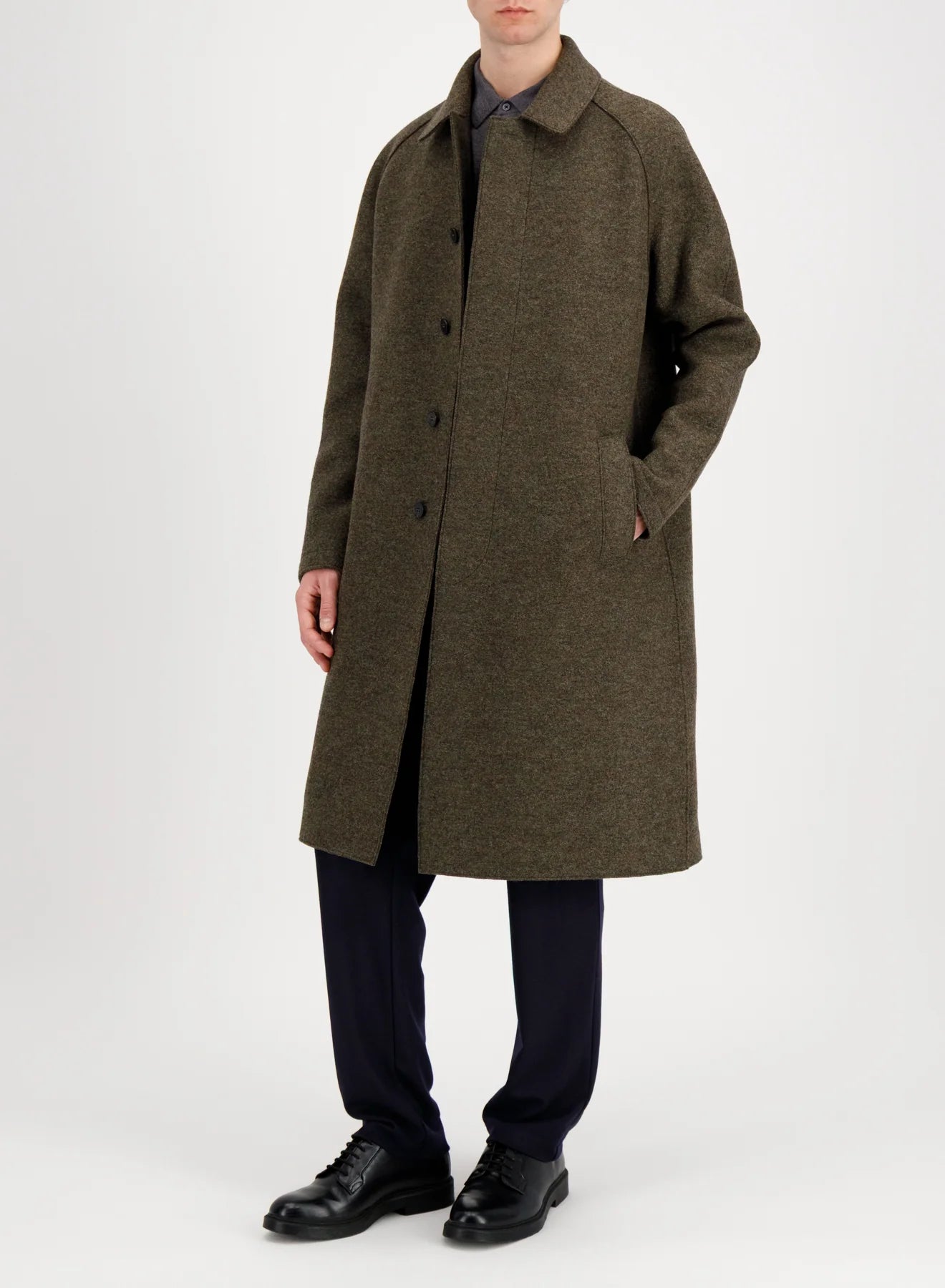 Fly Front Balmacaan Coat - pressed wool